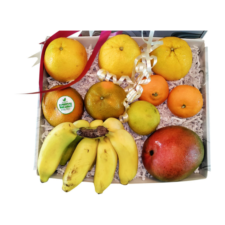 Fresh organic tropical fruits in large gift box
