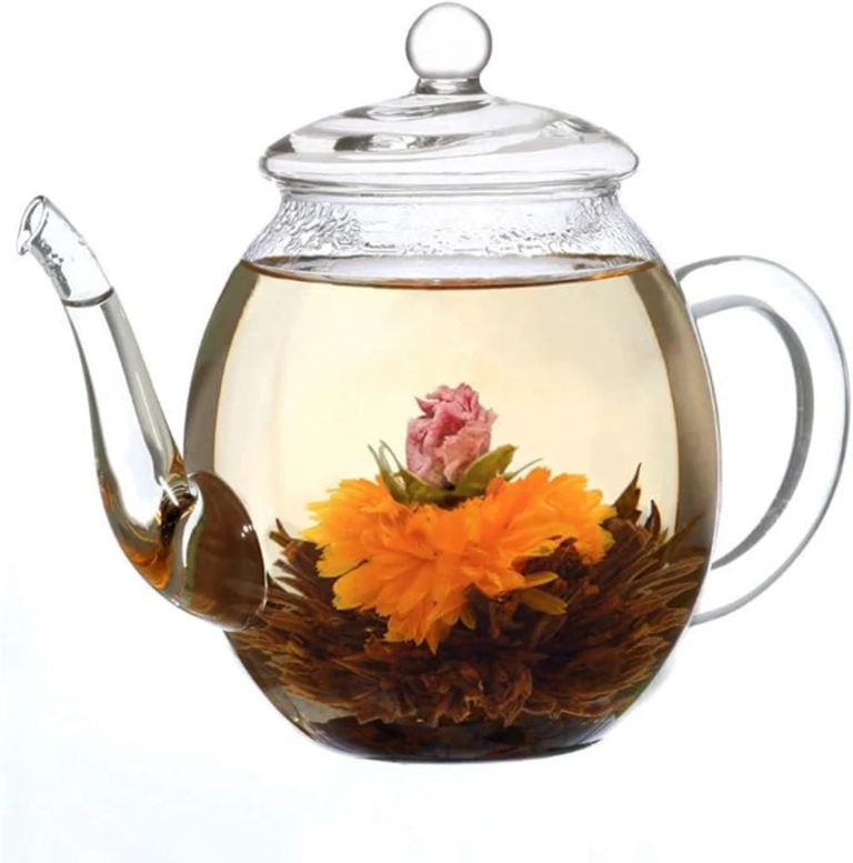 Blooming flower tea in glass teapot